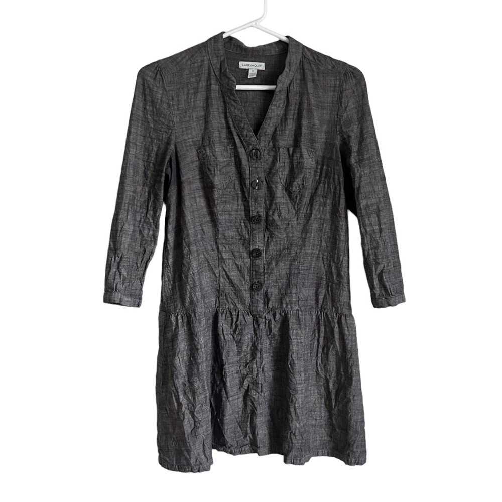 Lark & Wolff UO Dark Grey Chambray Mini Dress Button Front Coastal Neutral 0